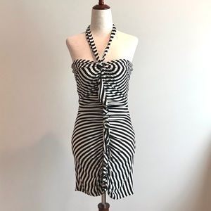 Striped Halter Bebe Mini Dress w/ Ruffle - Size XS